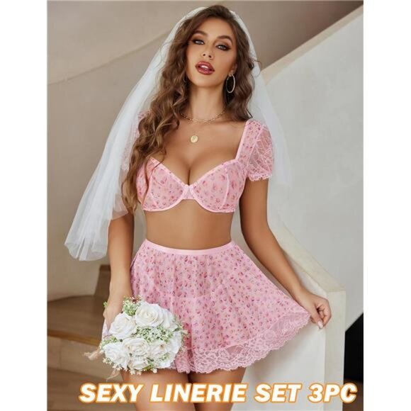 Women Sexy Mesh Top Lingerie Skirts 3 Piece Pink - Picture 4 of 6